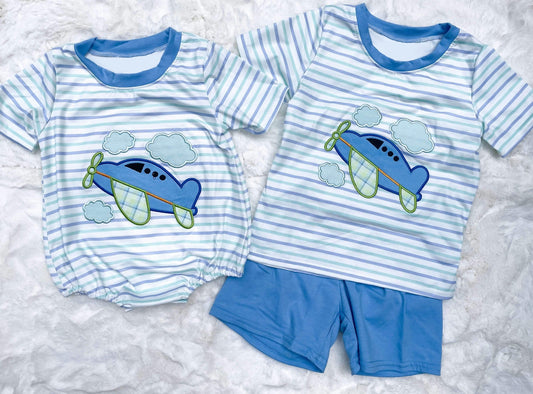 Baby Boys Plane Stripes Short Sleeve Rompers and short sleeve short pants suits