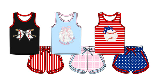Girls Sleeveless Red Stripe Baseball Top Shorts Set - Comfortable Sportswear for Young Athletes