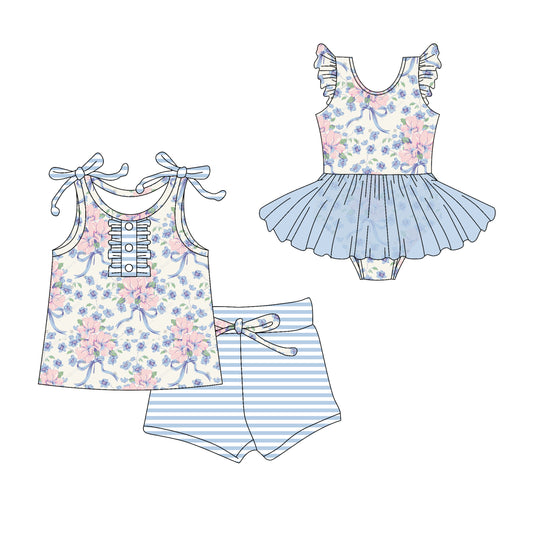 Girls Sleeveless Floral Bow Top And Stripe Shorts Outfit Pink Casual Clothing Set for Kids