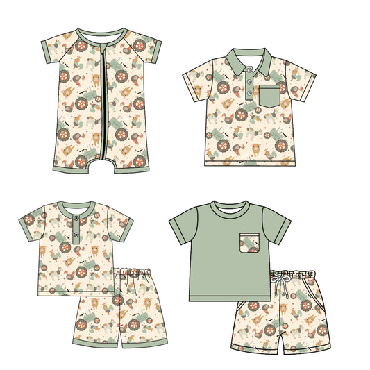5.19   Pre order Kids Boys Farm Themed Pocket Top Chicken Pig Tractor Short Set - Casual Cotton Clothing