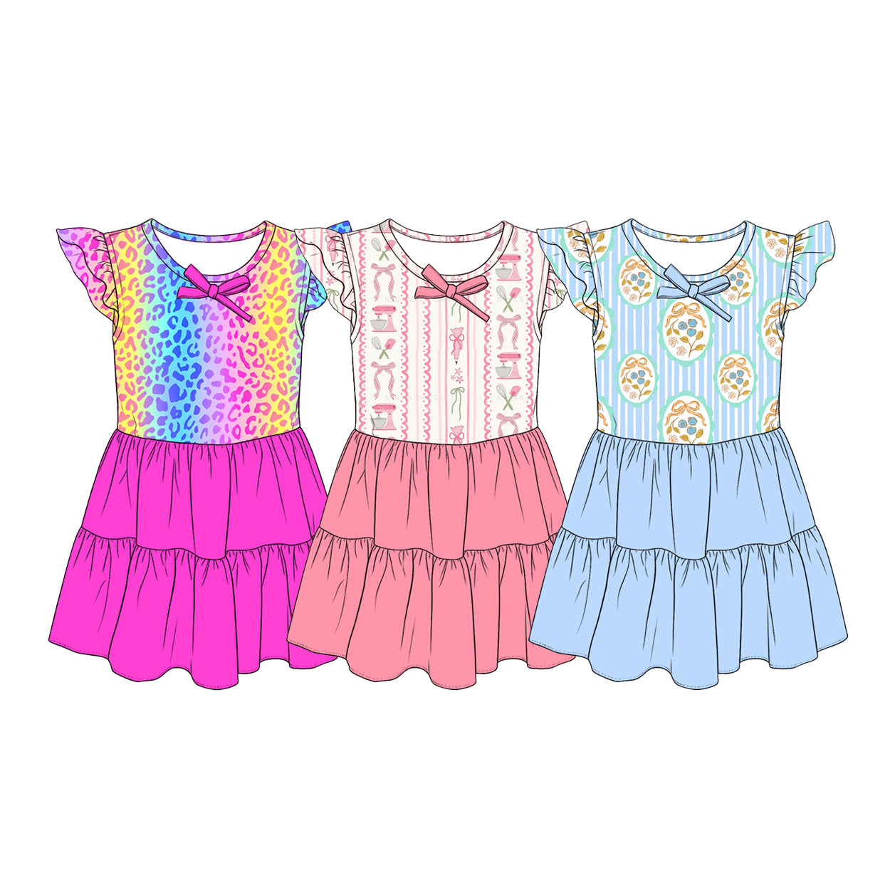 4.15 Pre order No Moq Baby Girl Ruffle Sleeve Tiered Dress, Cute Bow Summer Casual Sundress