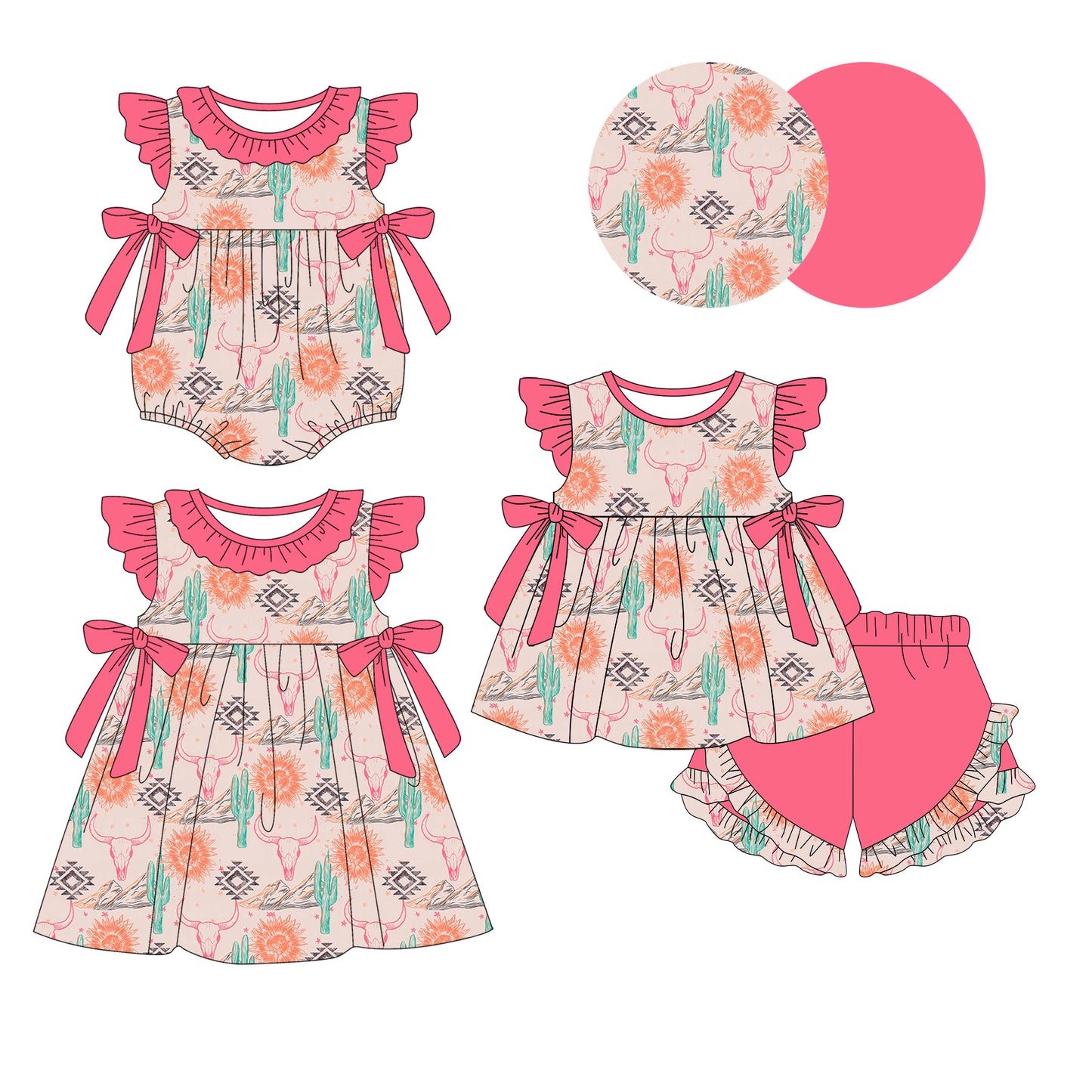 Flutter sleeves cactus bull skull western girls clothing set