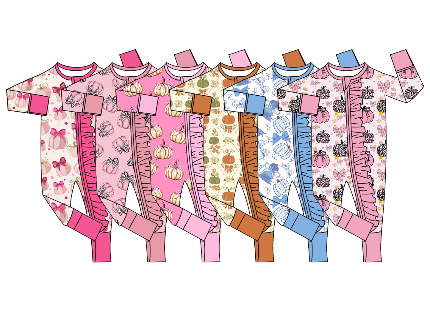 4.28 Pre Order No moq Baby Girls Long Sleeve Bows Pumpkins Print Two Way Ruffle Zip Rompers