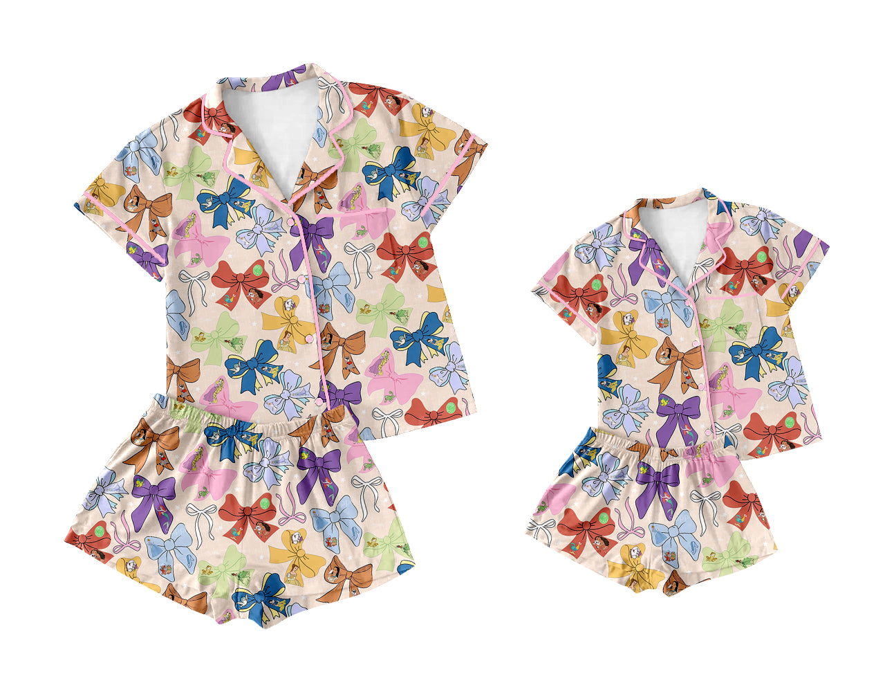 Adult Women's Short Sleeve Button down Pajamas Princess Bow Design Comfortable Sleepwear