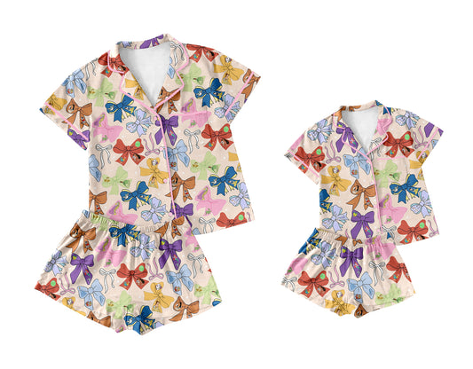 Adult Women's Short Sleeve Button down Pajamas Princess Bow Design Comfortable Sleepwear