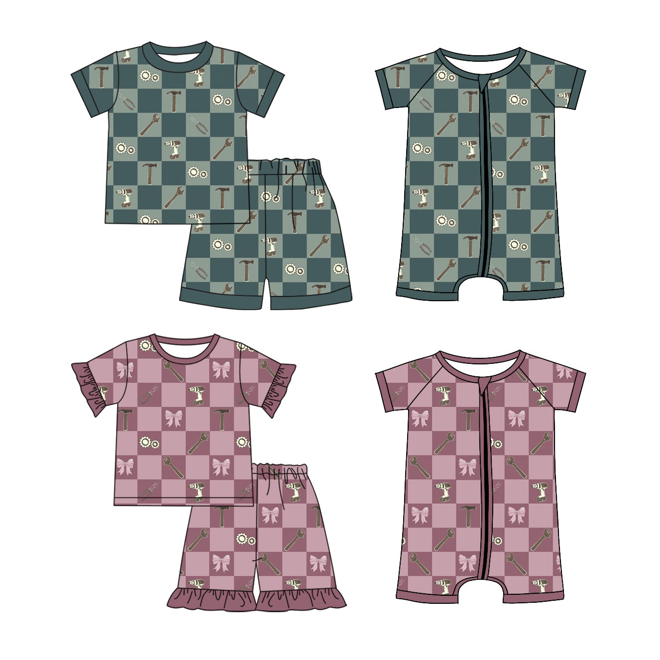 4.8 Pre order No Moq Baby Boys Checked Tools Top Short Pajamas Clothes Set and romper