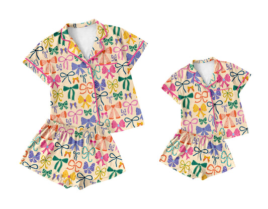 5.16  Pre order Colorful Bow Button Short-Sleeve Pajamas for Adults And Children - Comfortable Sleepwear with Buttons