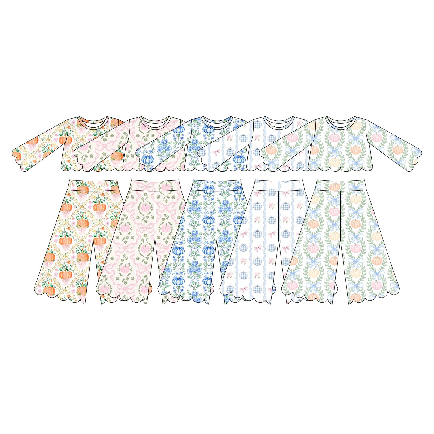 5.15 Pre order No Moq  Baby Girl Floral Pumpkin Print Long Sleeved Scallop Pants Set