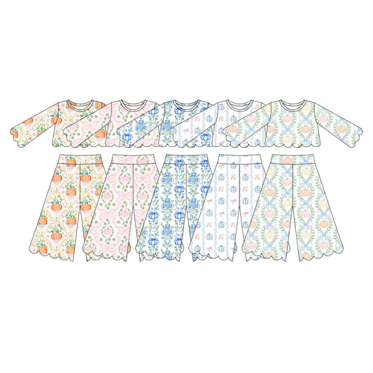 5.15 Pre order No Moq  Baby Girl Floral Pumpkin Print Long Sleeved Scallop Pants Set