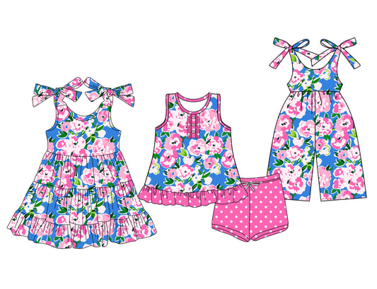 5.01 pre order Girls Sleeveless Top with Hot Pink Floral Print And Polka Dot Shorts Set Summer Casual Outfit for Kids