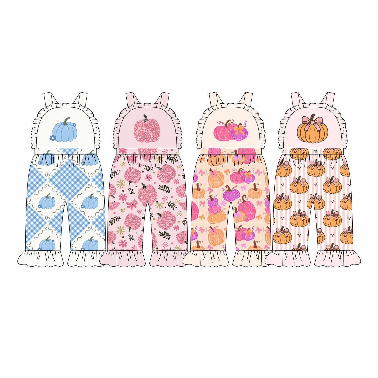 4.21 Pre order No Moq Baby Girls Strap Flowers Pumpkins Fall Ruffle Pant Hunting Jumpsuits