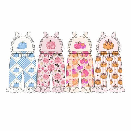4.21 Pre order No Moq Baby Girls Strap Flowers Pumpkins Fall Ruffle Pant Hunting Jumpsuits