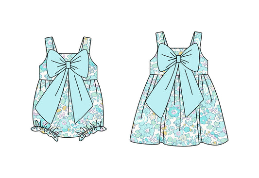 Baby Girl Blue Flower Big Bow Knee-Length Dress Romper