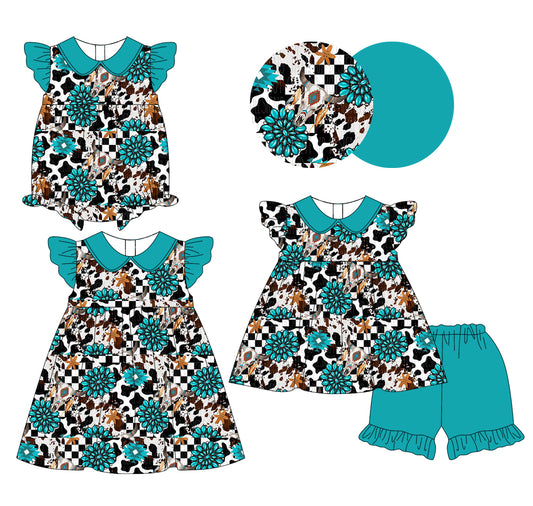 Turquoise Bull Skull Western Girls Outfit with Flutter Sleeves Unique Country Style Children's Clothing