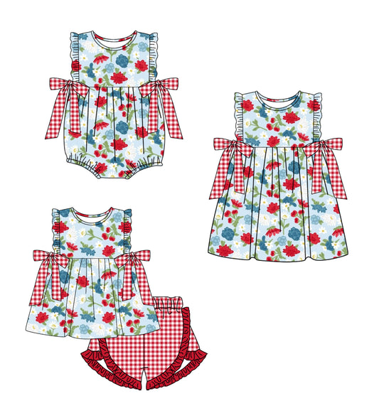 Red blue floral tunic plaid shorts girls 4th of july outfits