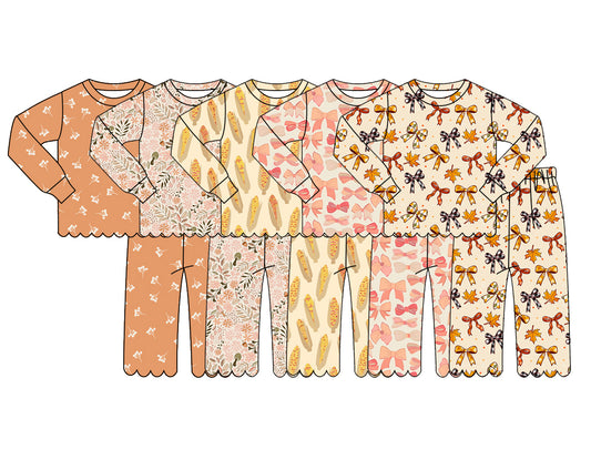 4.14 Pre order No Moq Baby Girls Long Sleeve Flowers Top Pants Scallop Pajamas Clothes Sets