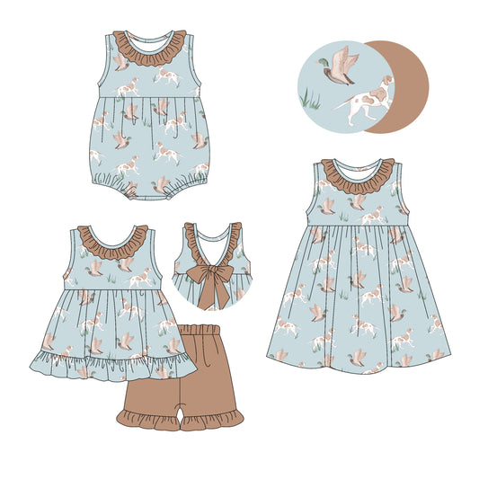 Kids Girls Khaki Ruffle Duck Dog Tunic Short Set Hunting Outfits Casual Clothing for Children
