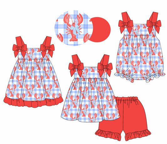 Baby Girls Blue Checkered Crawfish Bow Top Shorts Clothes Sets
