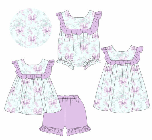 Girls Lavender Ruffle Floral Bow Tunic Short Set Cute Casual Clothing Outfit for Kids