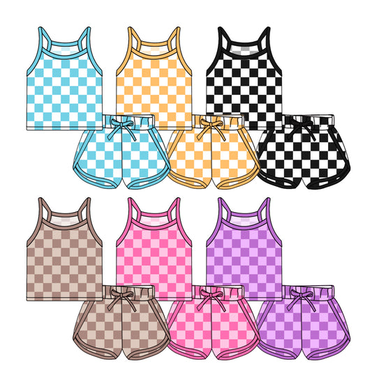 Kids Girls Plaid Top And Straps Black Plaid Shorts Outfit Set - Fashionable Clothing for Children