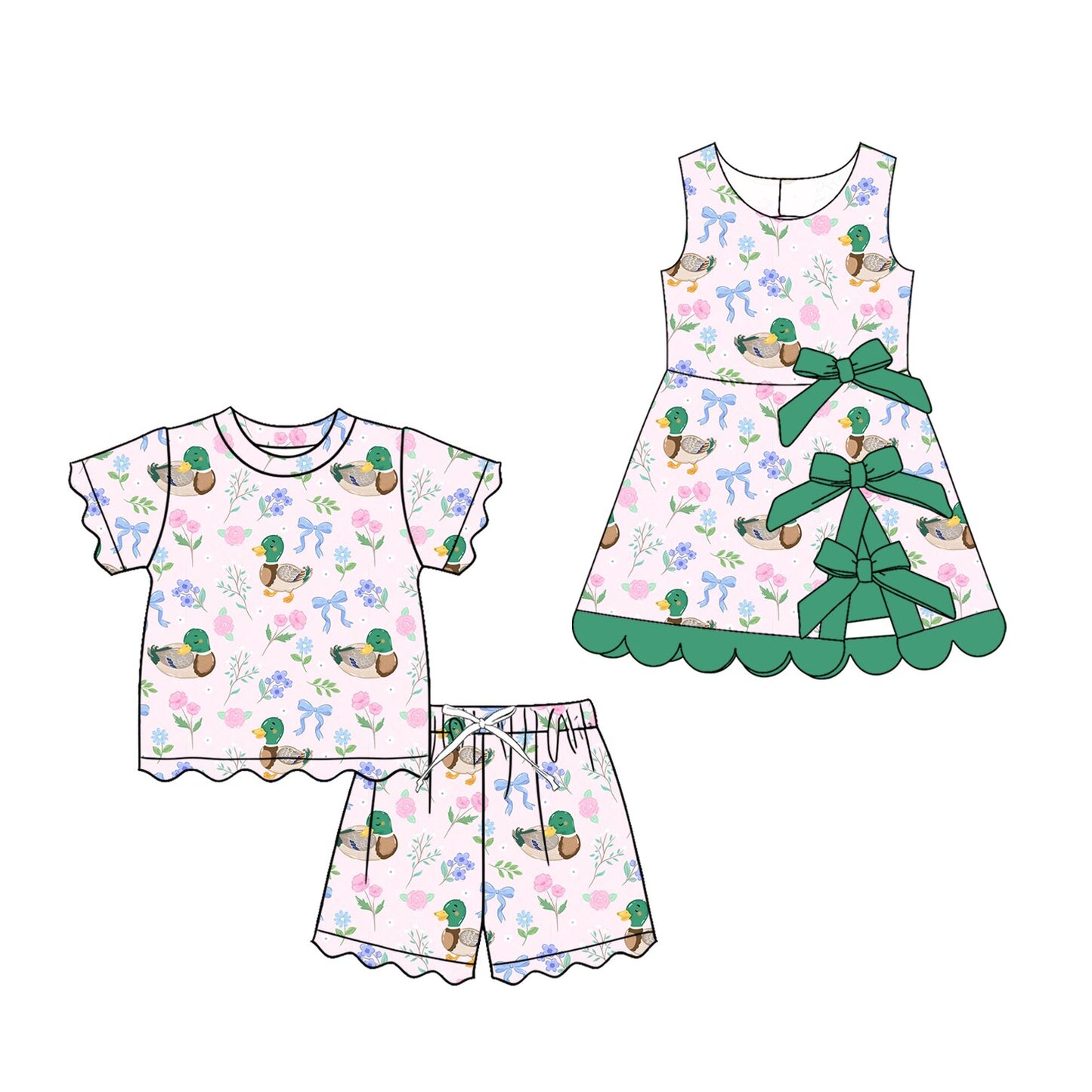 4.9 Pre order No Moq Baby Girls Ducks Flowers Bows Top Short Scallop Clothes Sets and  Yoga Active Short Knee Length Dress