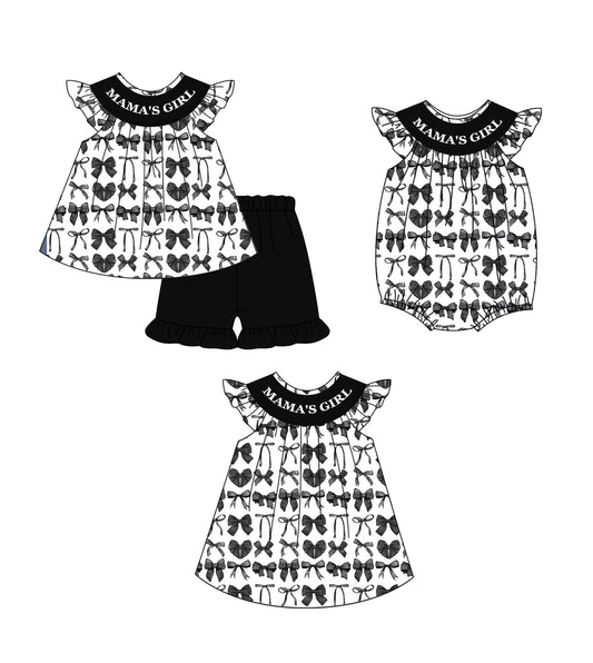 Baby Girls 'Mama's Girl' Outfit Set with Black Bows Tunic Top And Ruffle Shorts Adorable Children's Clothing Ensemble