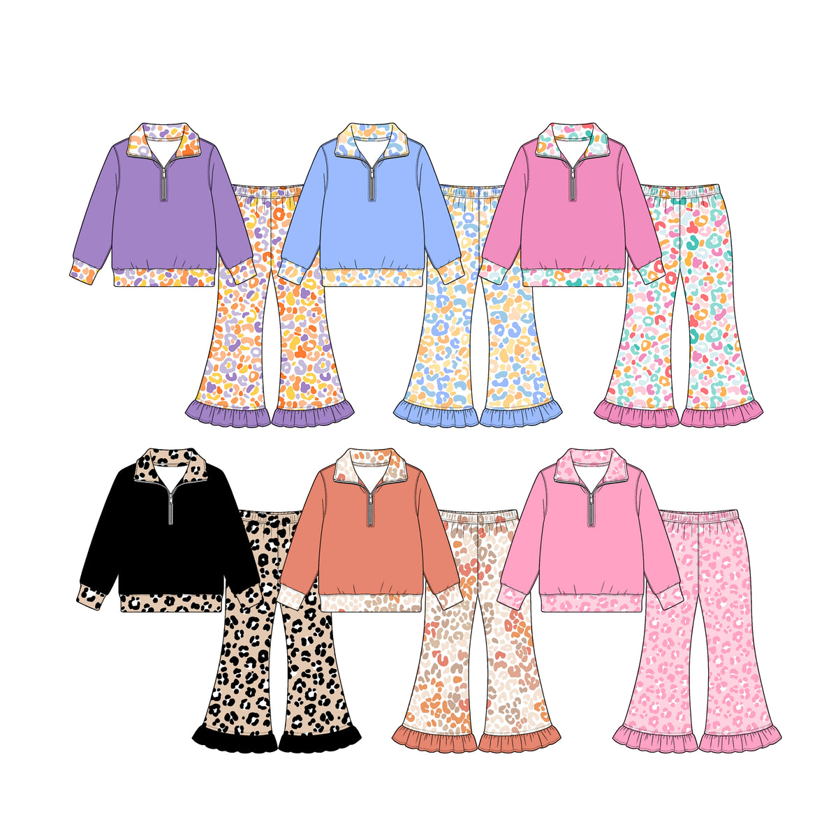 (Preorder new) No moq Baby Girls Leopard Print Ruffle Bell Bottom Pant And Quarter Zip Top Matching Outfit