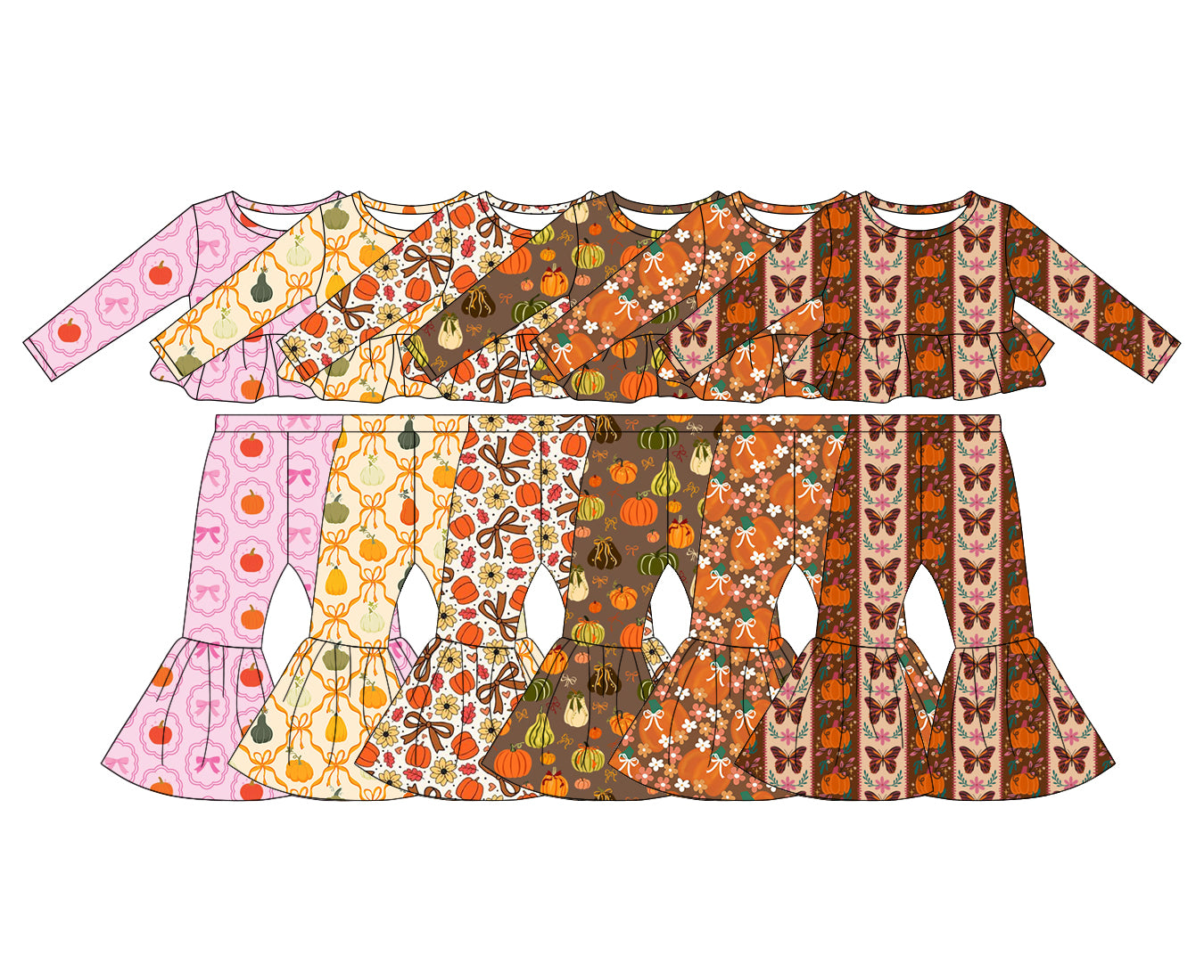 4.25 Pre order No Moq Baby Girls Bows Pumpkins Checked Top Bell Bottom Pant Fall Clothes Sets
