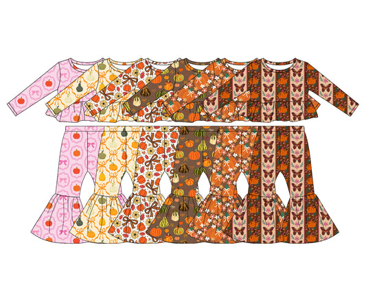 4.25 Pre order No Moq Baby Girls Bows Pumpkins Checked Top Bell Bottom Pant Fall Clothes Sets