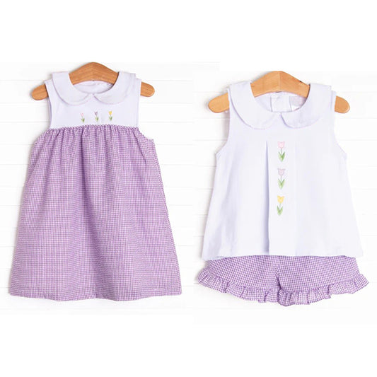 Girls White Sleeveless Tulip Top Purple Plaid Shorts Outfit Set Casual Comfortable Clothing for Kids