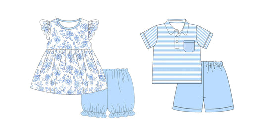 Kids Girls Light Blue Flutter Sleeve Tunic Short Set - Breathable Comfortable Clothing for Children