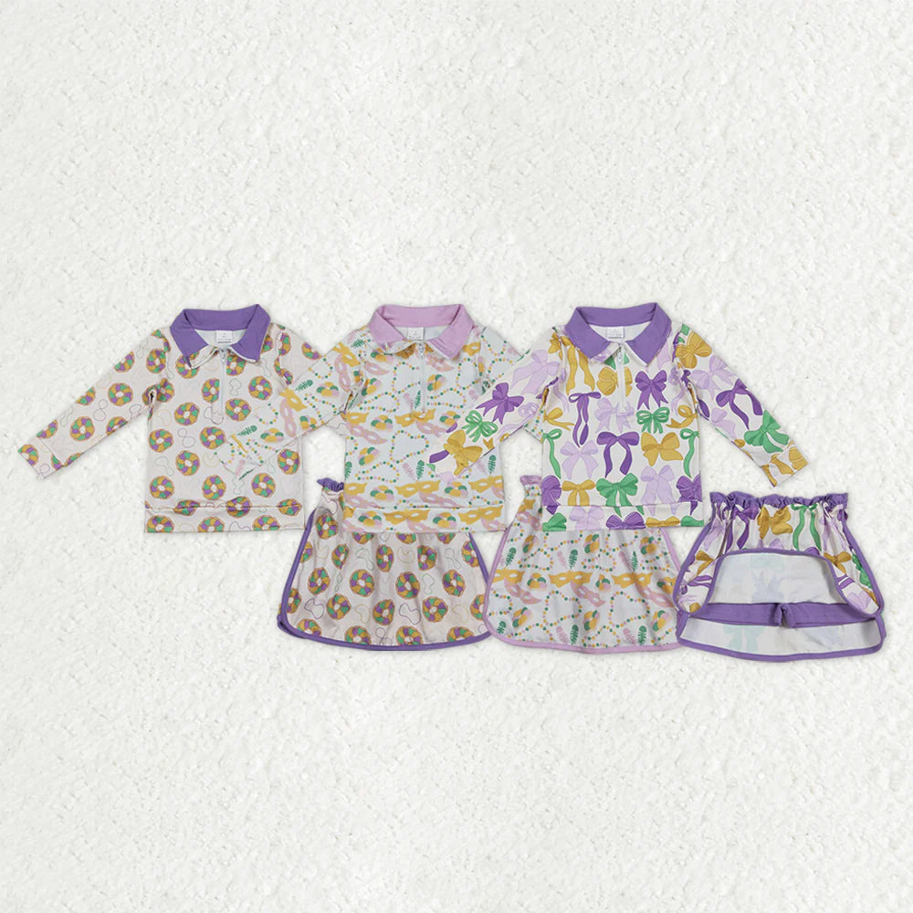 12.16 RTS Sibling Baby Girls Mardigras Donuts Masks Bows Zip Pullovers Skirt Shorts Clothes Sets