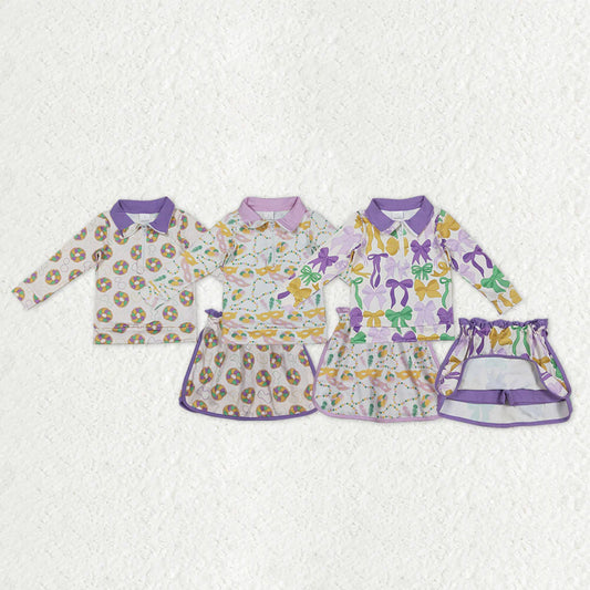 12.16 RTS Sibling Baby Girls Mardigras Donuts Masks Bows Zip Pullovers Skirt Shorts Clothes Sets
