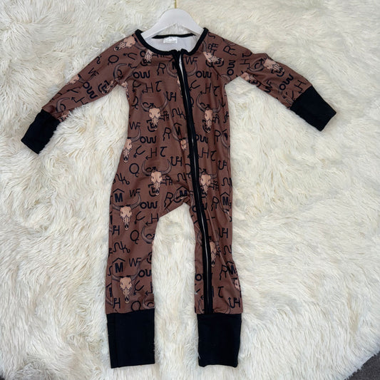11.22 RST LR2591 Baby Boys Brown Bull Skulls Western Two Way Zipper Convertible Rompers