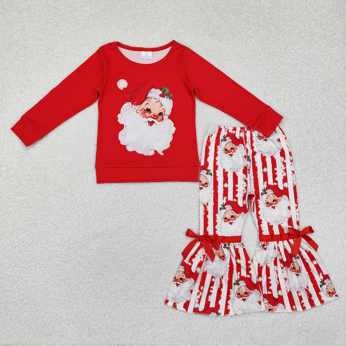Baby Girls Santa Claus Print Red Stitching Red and White Striped Long Sleeve Dress & Romper & Long Sleeve Pants Set