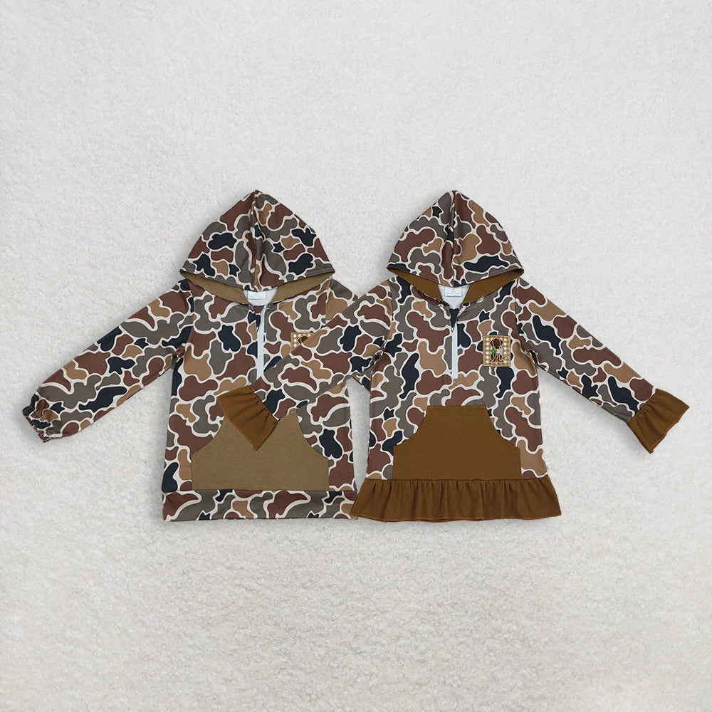 12.3 RTS Sibling Baby Kids Brown Camo Embroidery Dog Duck Pocket Zip Hunting Hoodies Top
