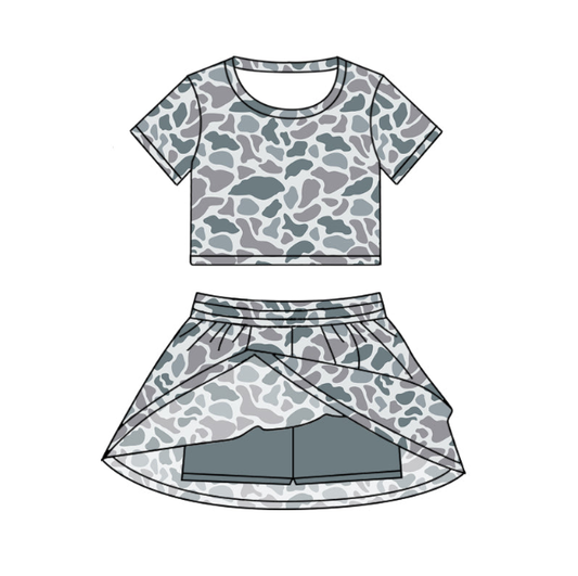 GSD2724  Pre order No Moq Baby Girls Gray Camo Print Short Sleeve Top Elastic Waist Skort Two Piece Casual Clothes Set