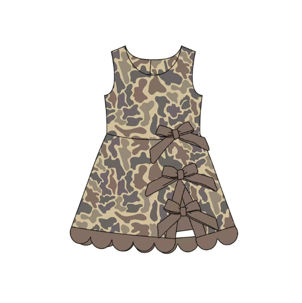 Pre order No Moq milk silk Baby Girls Camo Yoga Active Scallop Bows Short Knee Length Dres