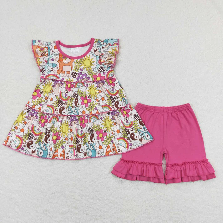 Baby Girls Colorful Puppy Pattern Fly Sleeve Top Lace-Up Shorts Set