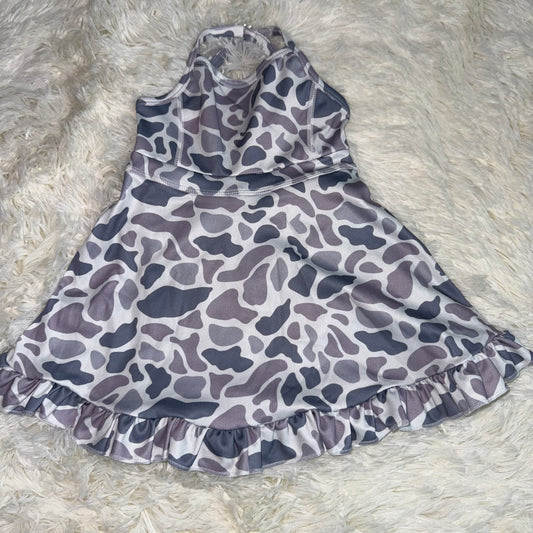 11.7 RST GSD2308 Baby Girls Strap Gray Camo Yoga Ruffle Knee Length Dresses