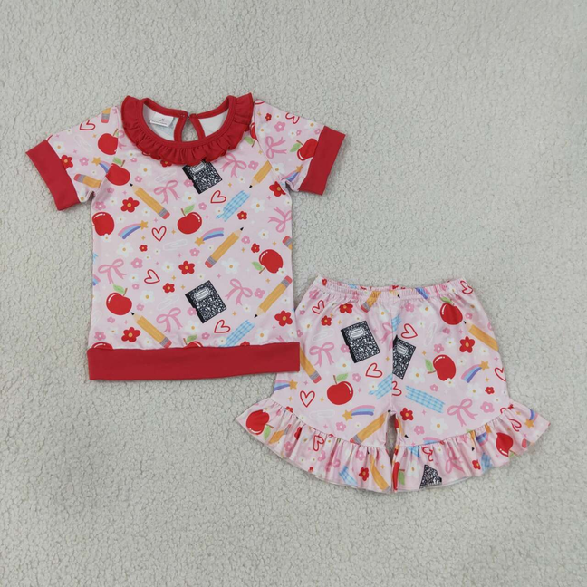 GSSO3525 RTS NO MOQ （In stock）Baby Girls Back To School Pencil Flower Apple Print Ruffle Short Sleeve Top Shorts Outfit Set(2T-14-16T）