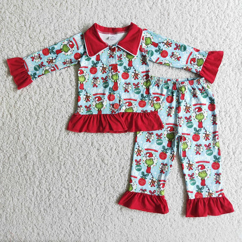 9.17 RTS Sibling Baby Kids Green Faces Miss Button Top Pants Christmas Pajamas Sets