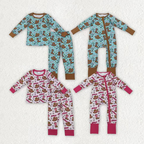 11.4 RTS Sibling Baby Boys Girls Hats Bows Western Pants Pajamas Sets Zipper Rompers