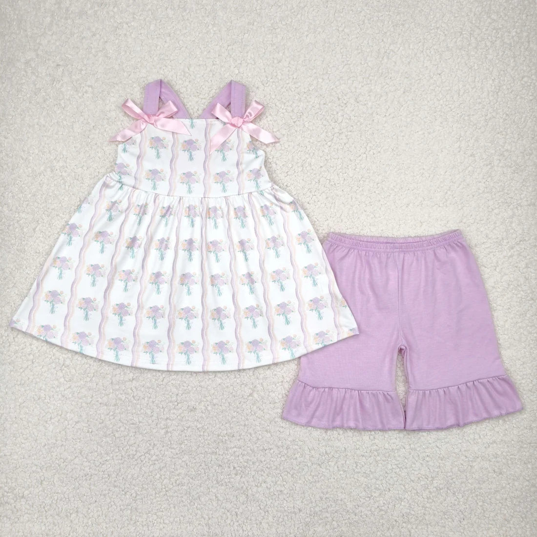 11.10 RTS Sibling Baby Girls Lavender Strap Floral Stripe Tunic Ruffle Shorts Sets Rompers
