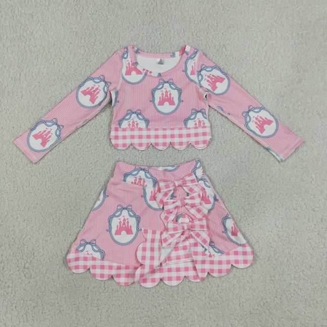 GLD1601 RTS NO MOQ （In stock）Baby Girls Pink Stripe Scallop Edge Skort Summer Yoga Set