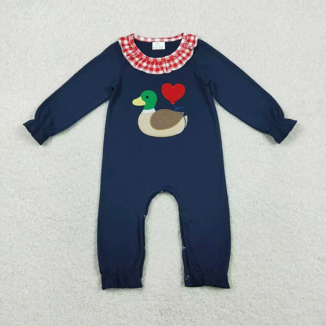 11.25 RTS Sibling Baby Boys Girls Embroidery Duck Hearts Red Checked Pant Valentines Clothes Sets Footie Rompers