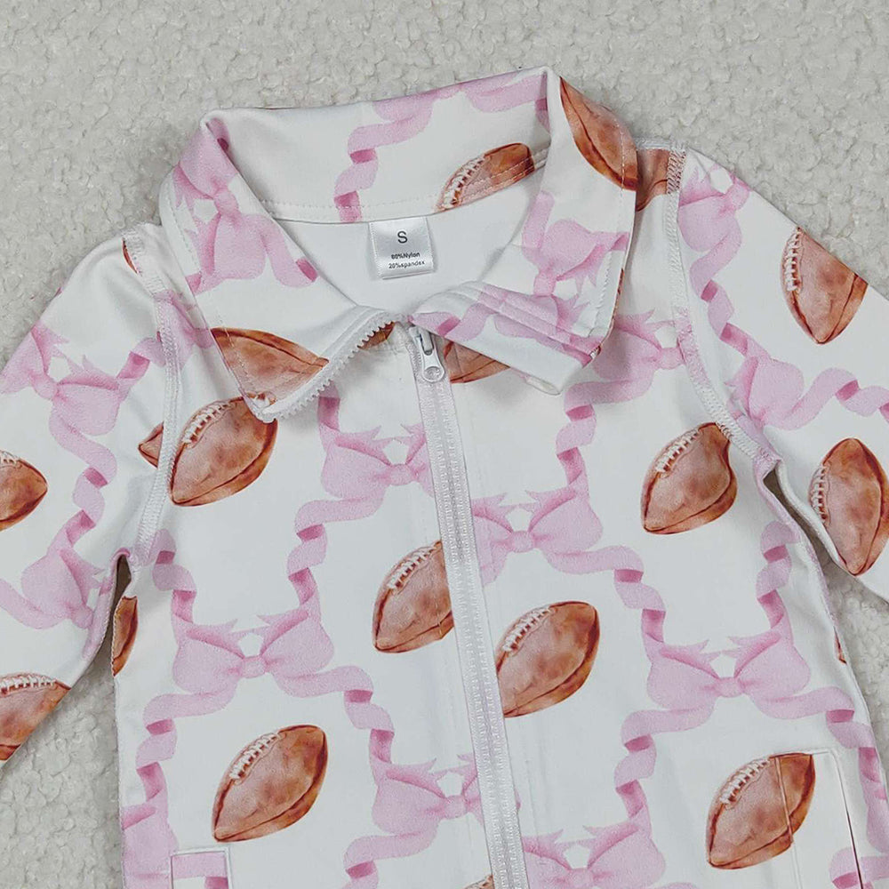 RTS NO MOQ （In stock）GT1088 Baby Girls Yoga Tops  Long Sleeves Pink Bow Football Zipper Yoga Top