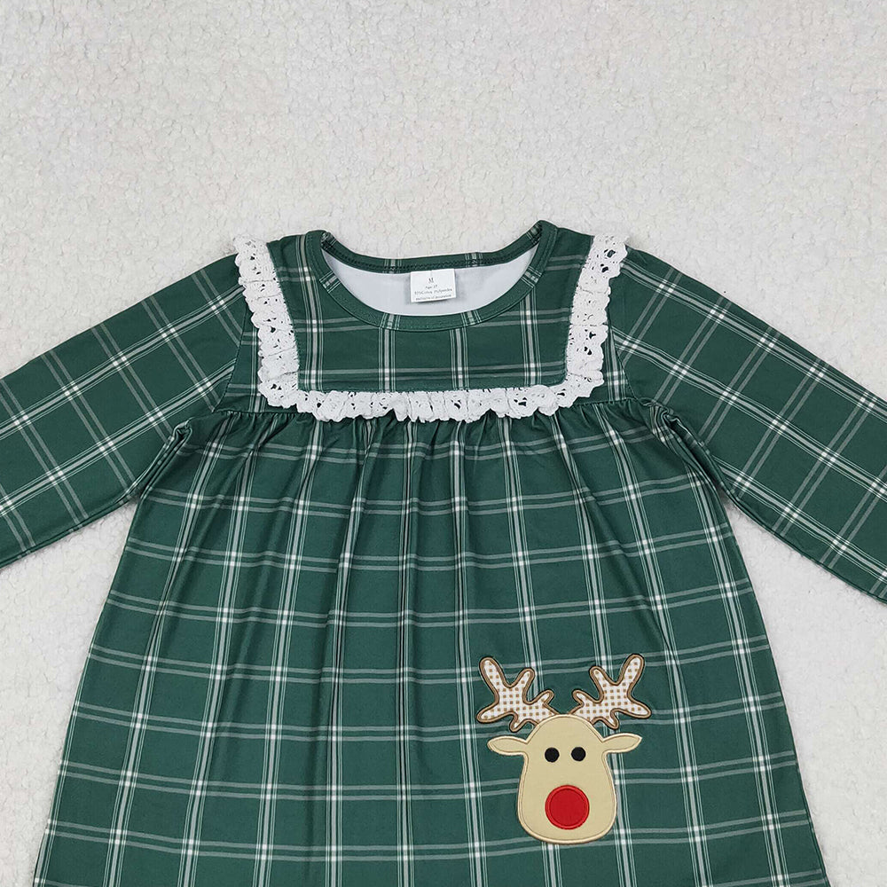 9.27 RTS NO MOQ （In stock）GLD0561 Baby Girls Winter Dress Embroidery Deer Baby Girls Green Checkered Christmas Knee Length Dresses