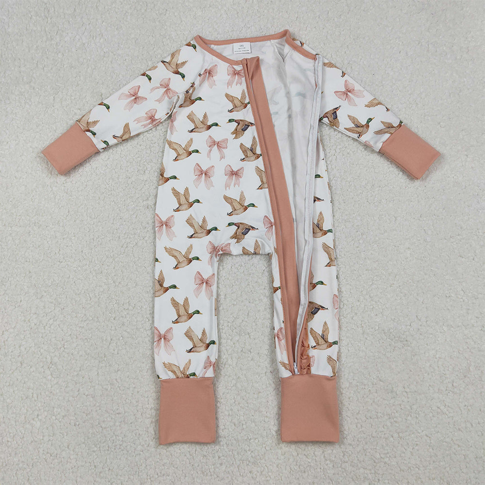 10.1 RTS NO MOQ （In stock）LR2545 Baby Girls Winter Rompers Baby Girls Ducks Bows Plaid Ruffle Zipper Footie Rompers