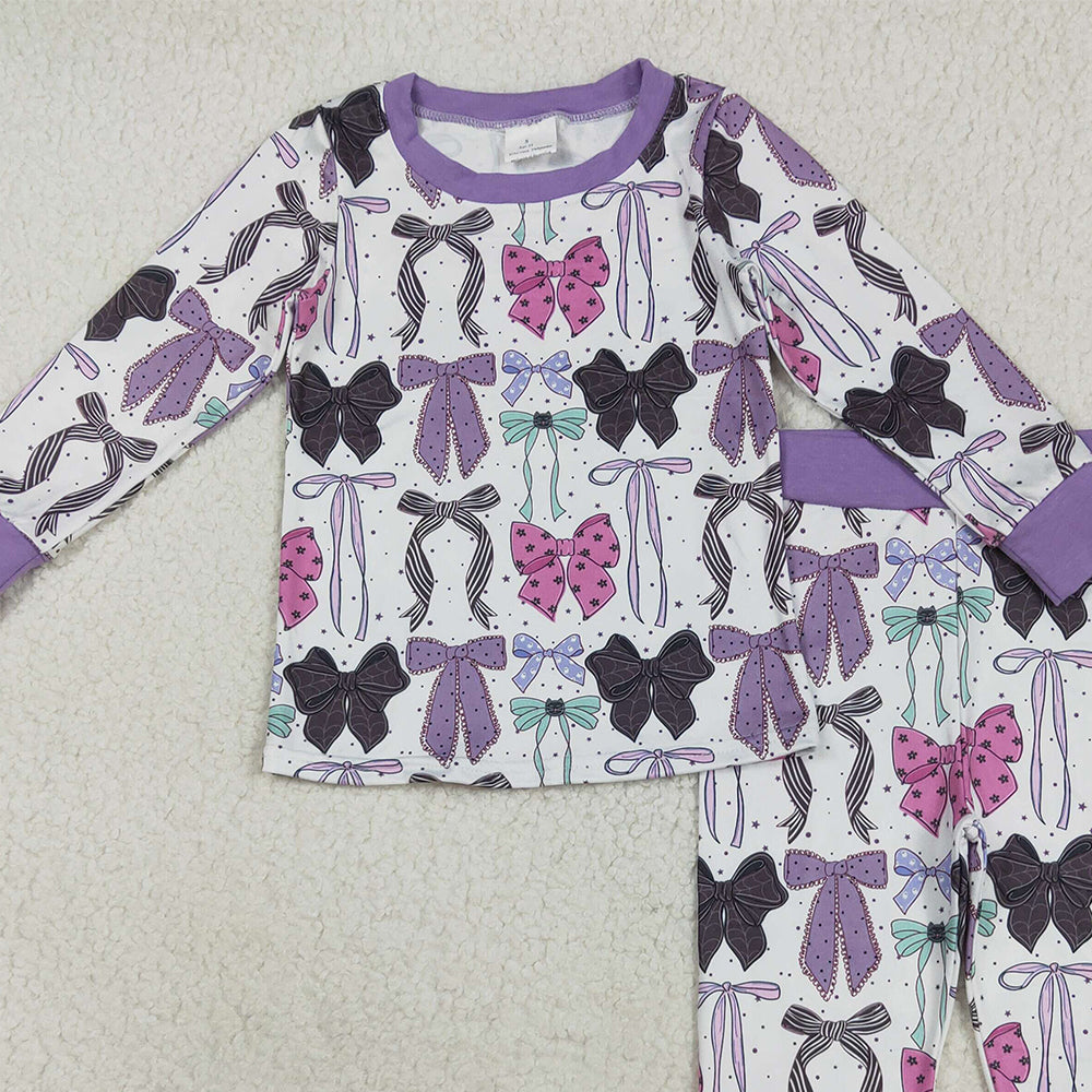RTS NO MOQ （In stock）GLP2533 Baby Girls Winter Outfits Baby Girls Long Sleeves Colorful Bows Top Pant Pajamas Set